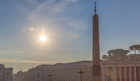 The sky above St. Peter's Square and the obelisk of the Vatican in Romeの写真素材