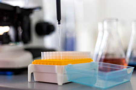 Study with a microscope in biology laboratories, scientific activity, biological microscopeの写真素材