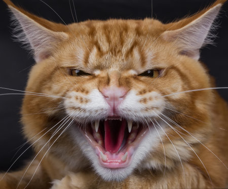 Maine Coon on a black background, a huge bright cat, studio photoの写真素材