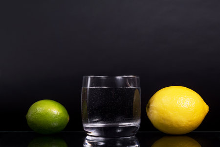 a glass of water, studio photo of lemon lime, on black background, isolatedの写真素材
