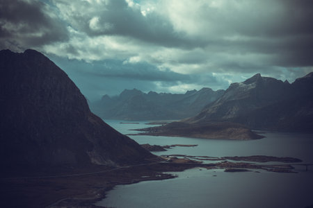 Lofoten Islands, cloudy landscape with mountain and sea viewsの写真素材
