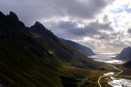 Lofoten Islands, cloudy landscape with mountain and sea views