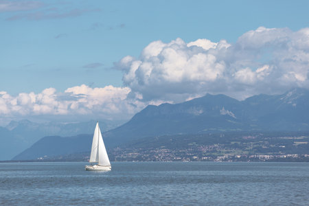 yacht on a Geneva lake on a sunny dayの写真素材