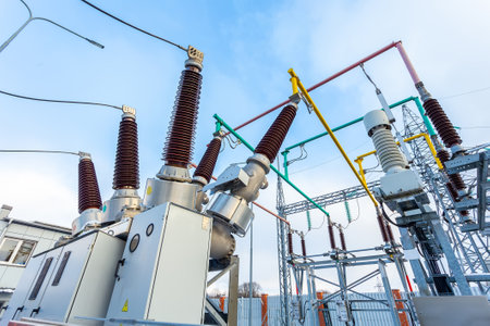 Electrical transformer, equipment for stepping up or stepping down voltage, high voltage power plantの写真素材