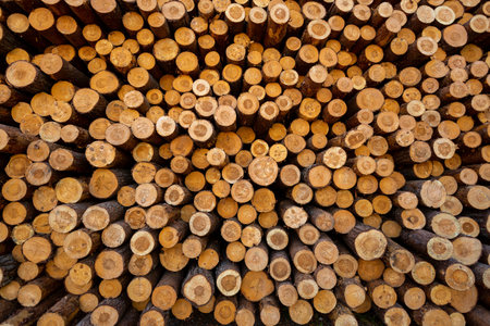 Deforestation, forest destruction. Timber harvesting. Pile, stack of many sawn logs of pine treesの写真素材