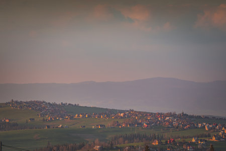 countryside, village at sunset in the mountainsの写真素材