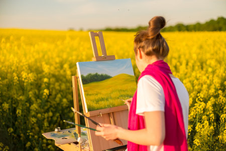 girl painter with an easel in a yellow rapeseed fieldの写真素材
