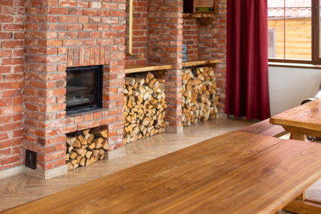 meeting room interior with fireplace and wooden table