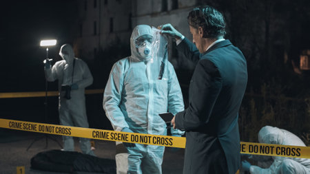 Detective examining main clue brought in by forensic scientist at crime scene, while the rest of the experts collect remaining evidence behind police tape next to headless body. Night scene.の写真素材