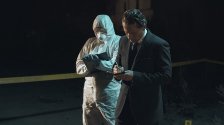 Detective examining main clue brought in by forensic scientist at crime scene, while the rest of the experts collect remaining evidence behind police tape next to headless body. Night scene.の写真素材