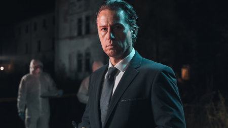 Detective inspecting area and taking notes in notebook at crime scene at night as forensic experts collect evidence behind police tape next to headless bodyの写真素材