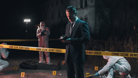 Detective inspecting area and taking notes in notebook at crime scene at night as forensic experts collect evidence behind police tape next to headless bodyの写真素材