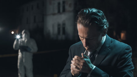 Detective inspecting area at crime scene at night as forensic experts collect evidence behind police tape.の写真素材