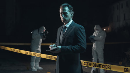 Detective inspecting area and taking notes in notebook at crime scene at night as forensic experts collect evidence behind police tapeの写真素材