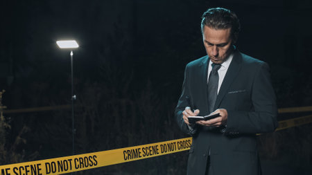 Detective inspecting area and taking notes in notebook at crime scene at night as forensic experts collect evidence behind police tape next to headless bodyの写真素材