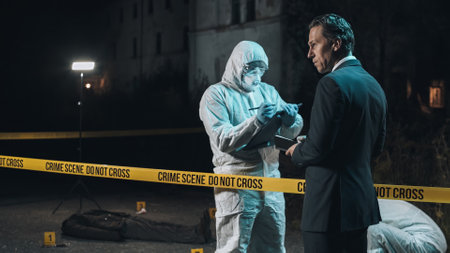 Detective inspecting area and taking notes in notebook at crime scene at night as forensic experts collect evidence behind police tape next to headless bodyの写真素材
