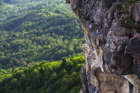 steep cliff above a valley in the mountains, against the backdrop of a forest, a steep precipiceの写真素材