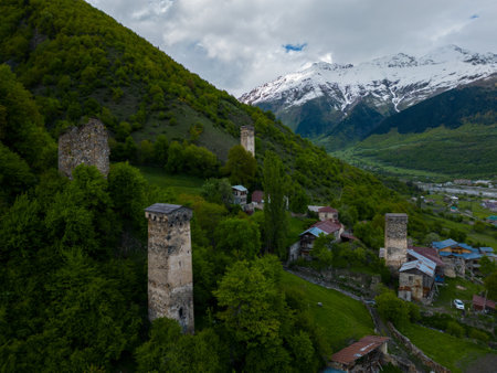 village in the mountains, medieval Svan towers in Mestia, aerial view