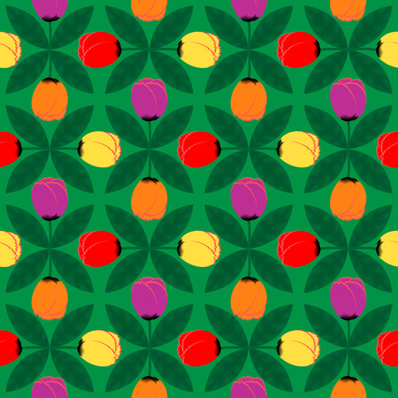 Seamless tulips with leaves on a green backgroundのイラスト素材