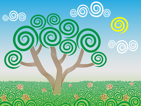 Tree in field of flowers in clear weatherのイラスト素材