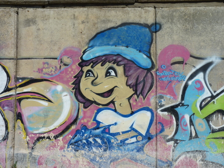 the boy in a cap - graffiti on embankment walls in the city of Volgogradのeditorial素材
