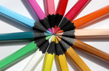 Set of colored pencils for drawing in the round box