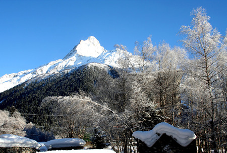 Mountain top in the mountains of Dombai, Caucasusの写真素材