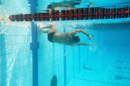Swimmer in the big outdoor swimming poolの写真素材