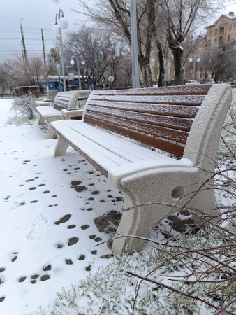 A snow-covered bench in a city park in Volgogradの写真素材