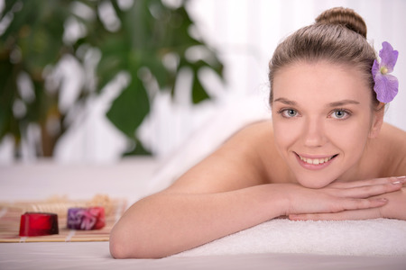 Caucasian beauty taking a rest in the spaの写真素材