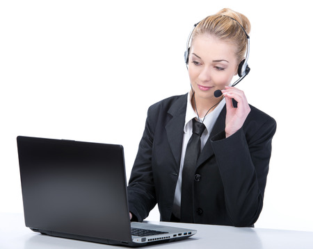Woman customer service worker, call center smiling operator with phone headsetの写真素材