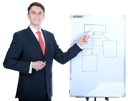 Smiling businessman giving a presentation pointing with his marker pen flipchart with copyspace for your textの写真素材