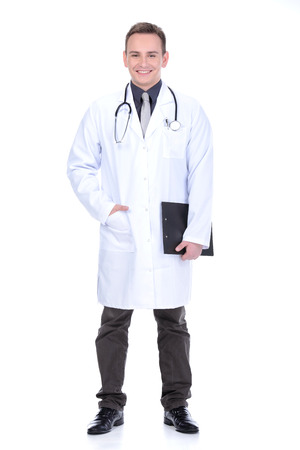 Portrait of confident young medical doctor on white backgroundの写真素材