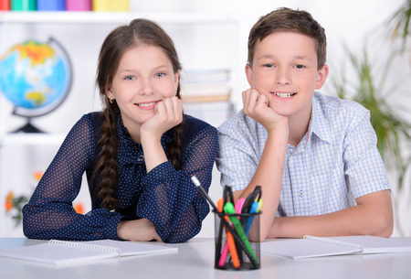 Portrait of a school child, making learning during lesson at school