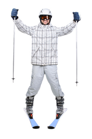 Skier man in aerodynamic pose isolated on whiteの写真素材