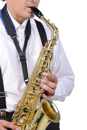 Saxophone player in white shirt. Isolated on white backgroundの写真素材