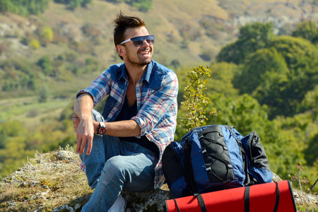 Beautiful men hiking outdoors leading a healthy lifestyleの写真素材