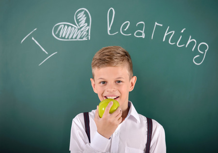 Cheerful smiling child at the blackboard. School concept