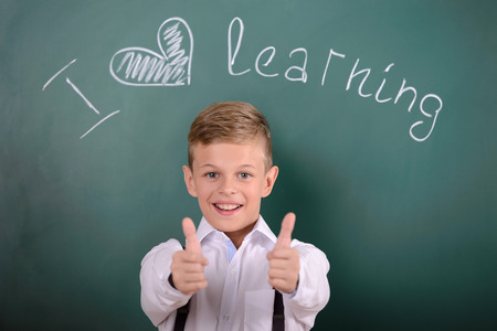 Cheerful smiling child at the blackboard. School concept