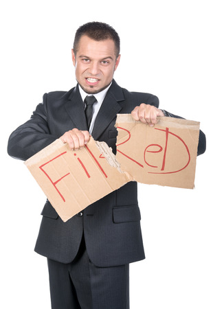 Fired businessman is searching for a job, isolated on white background.の写真素材
