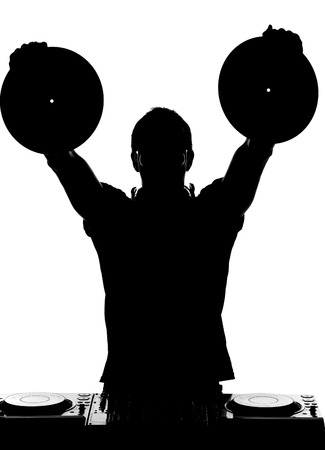 Portrait of the male dj with vinyl record isolated on white background.の写真素材