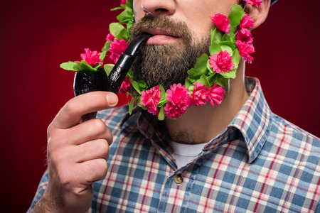 Brutal man with flowers in his beard, in hat and with pipe is standing against red .の写真素材