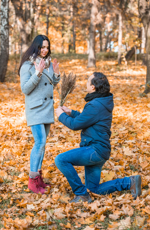 Young happy couple smiling during a walk in the park in autumn. From gives her dried flowers, standing on one kneeの写真素材