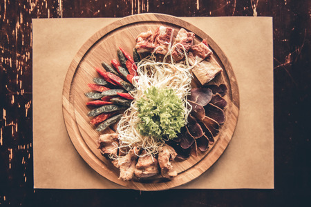 Top view of delicious food as a snack to beerの写真素材