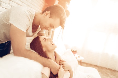 Beautiful Couple Together On Valentine's Day. Love Each Other. Romantic Holiday. Sweetheart's Celebration Concept. Young And Handsome. Happy Relationship. Feelings Showing. Cheerful Lovers.の写真素材