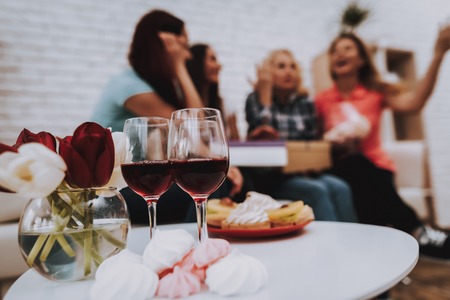 Red Wine for all Girl in Day 8 March. Beautiful Girl Celebrate 8 March. Cake for Women in Birthday. Tulip Bouquet very Beautiful. Red Wine and Gift for all Women in Day 8 March. Celrbrate 8 March.の写真素材