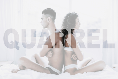 Couple in Quarrel. Beautiful Naked Couple. Persons Sitting in Bed Back to Back.の写真素材