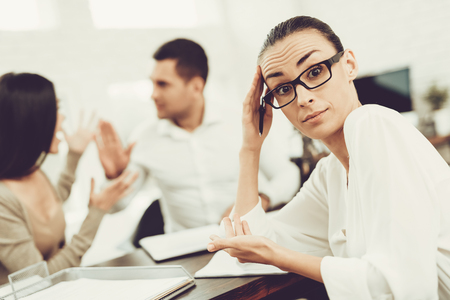 Young Couple Came To Lawyer. Divorce Concept. Blame Each Other.の写真素材