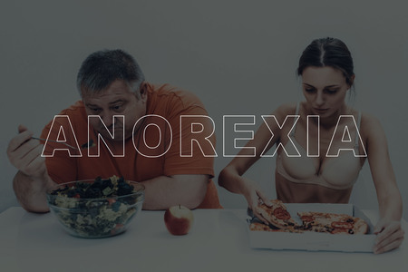 Man With Bulimia Next To The Girl With Anorexia. Problem Solving. Need For Treatment. Weight Problems Comparing. Vegetables And Pizza. Getting Well. Healthy Lifestyle. Medical Healthcare.の写真素材