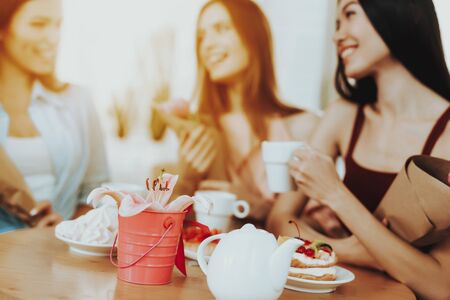 Girl with Cafe Celebrate Happy Day. Woman Day in Dress. Freshness and Smile in this Day.の写真素材